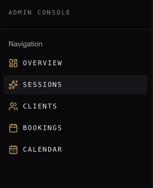 Anonymised screenshot showing an administrative navigation console with sessions, clients, bookings and calendar areas