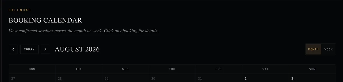 Anonymised screenshot showing an administrative monthly booking calendar
