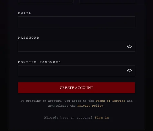 Anonymised screenshot showing a client account registration form with email and password fields