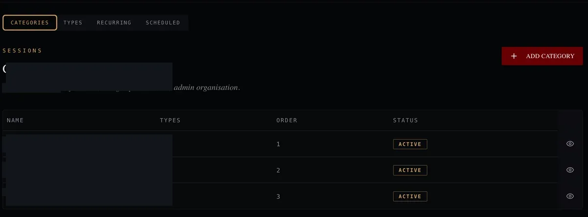Anonymised screenshot showing an administrative service-category management interface